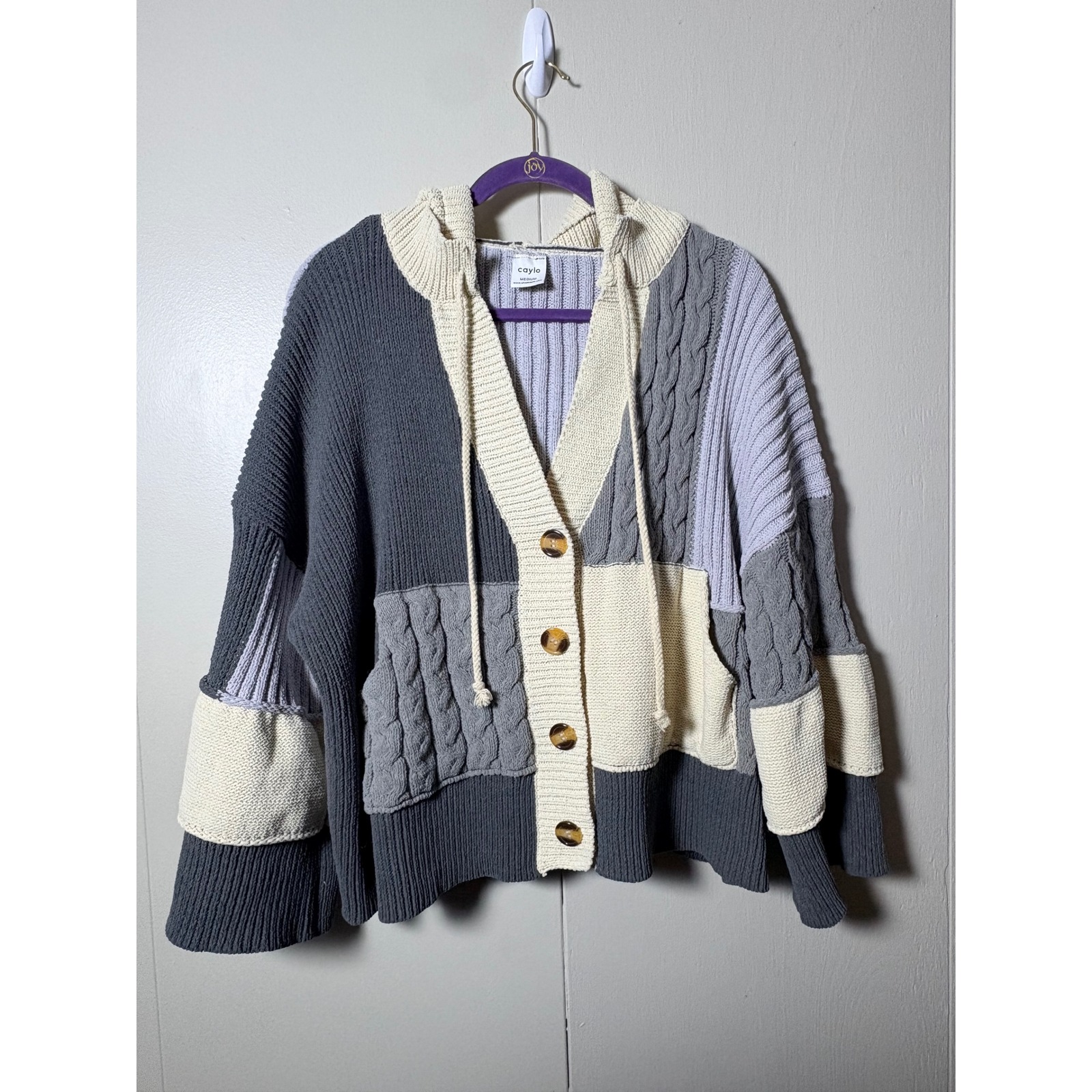 Caylo Patchwork Colorblock Hooded Cardigan Sweater Grey Lavender M Oversized Coz — image 2 of 6